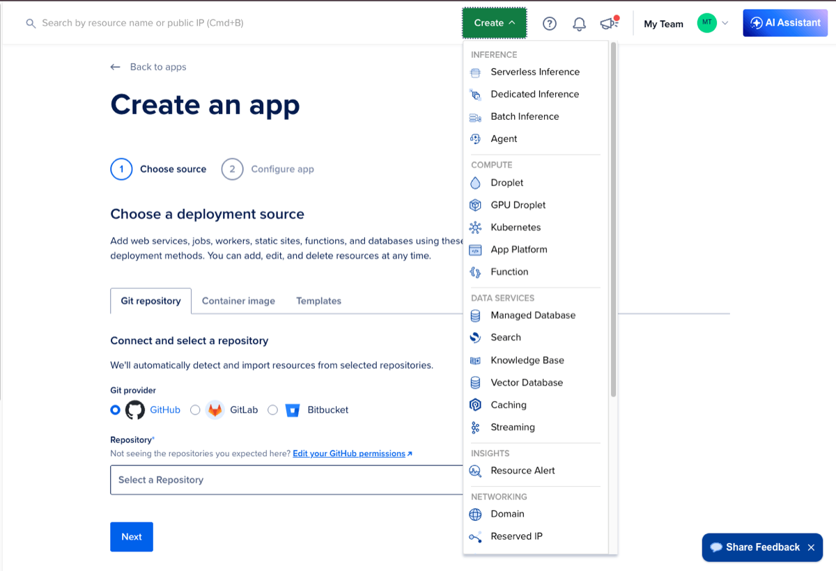 DigitalOcean Create menu with App Platform selected