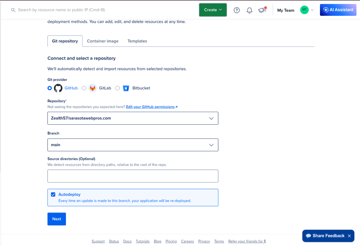 App Platform repository connection screen for a GitHub Astro project
