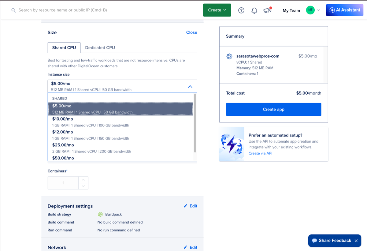DigitalOcean App Platform size selector showing the five dollar per month instance