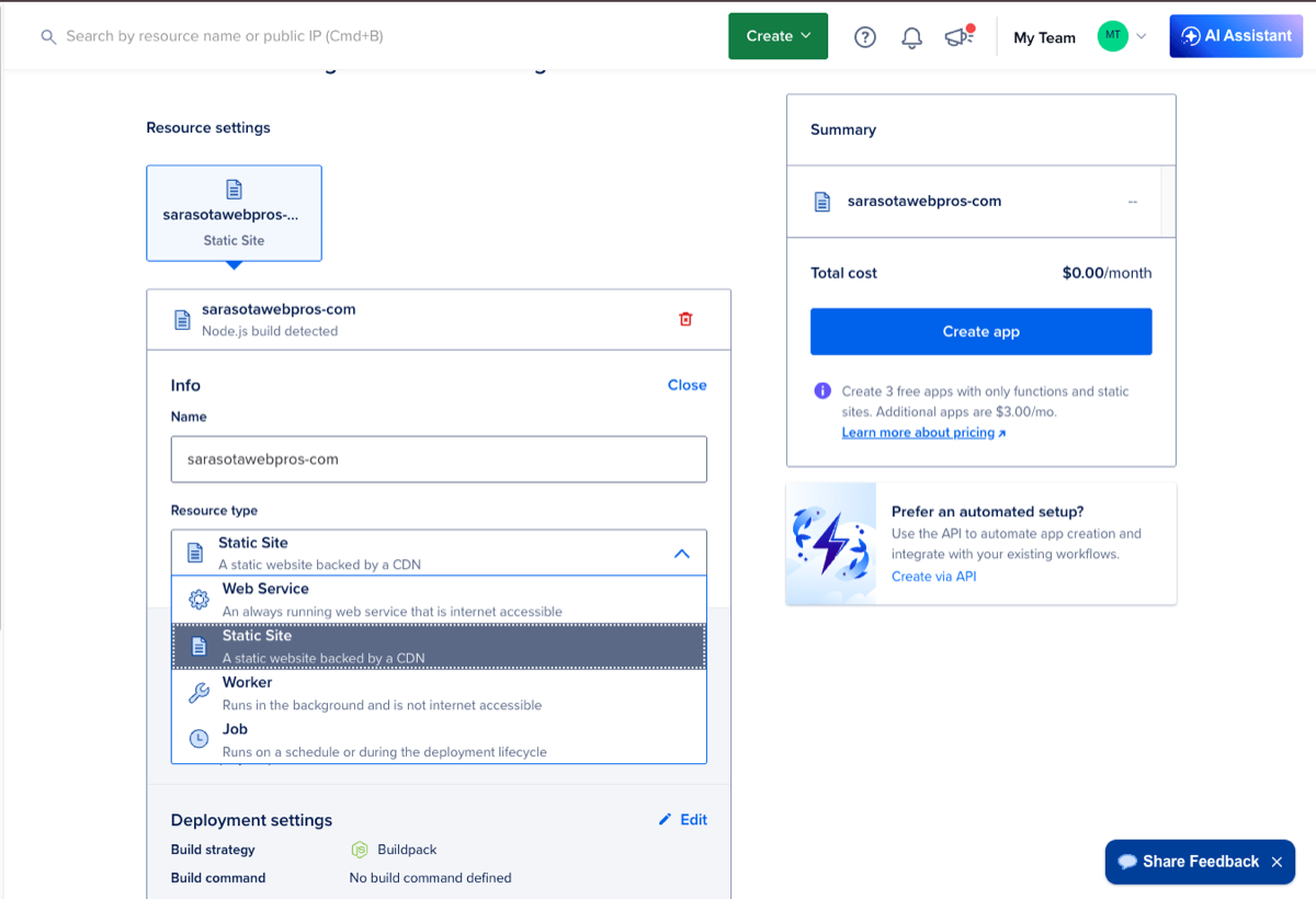 DigitalOcean resource type dropdown with Static Site selected instead of Web Service
