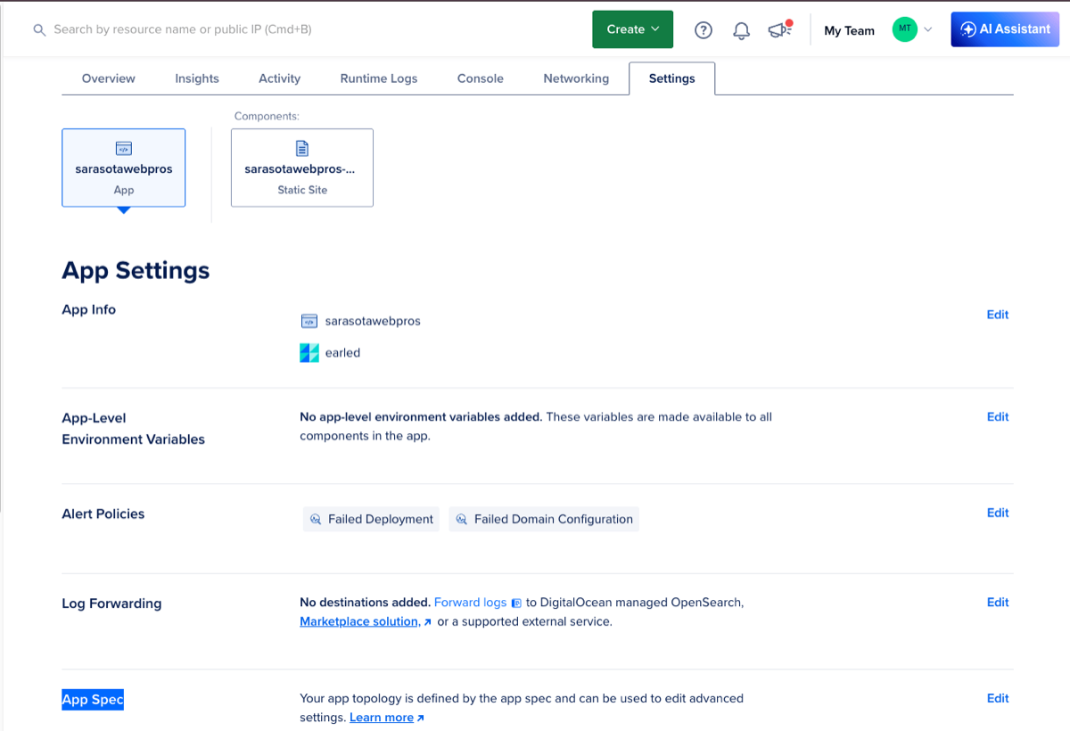 DigitalOcean App Spec editor in the Settings tab