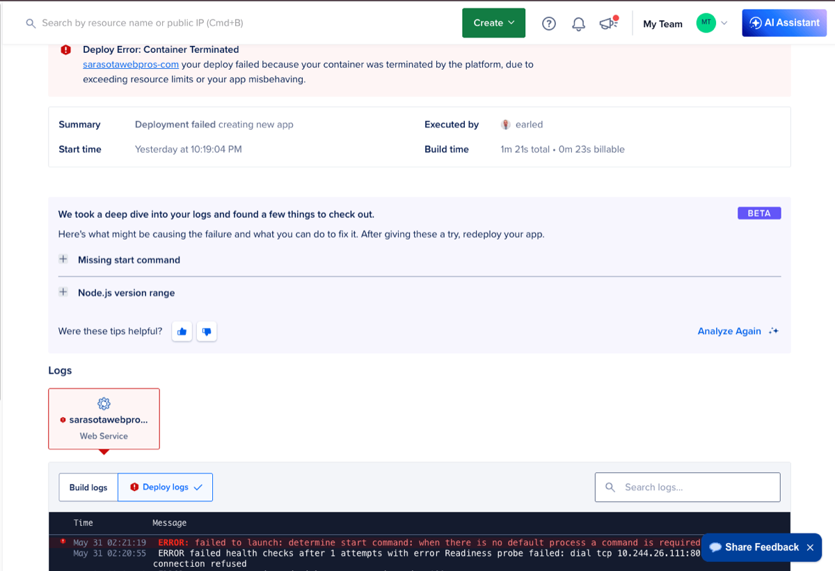 Failed DigitalOcean deploy showing Web Service health check and missing start command errors